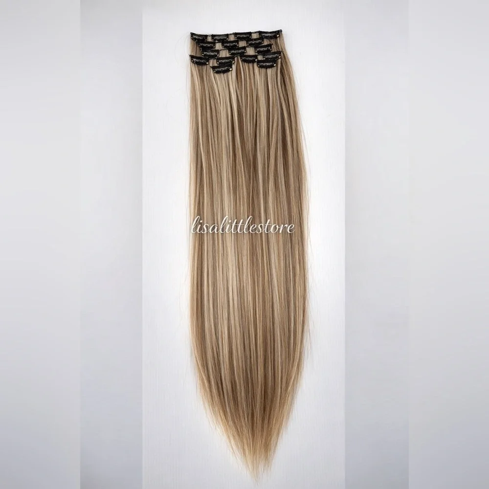 Human hair blend Light Brown With Light Blonde highlights Hair Extensions 22 in